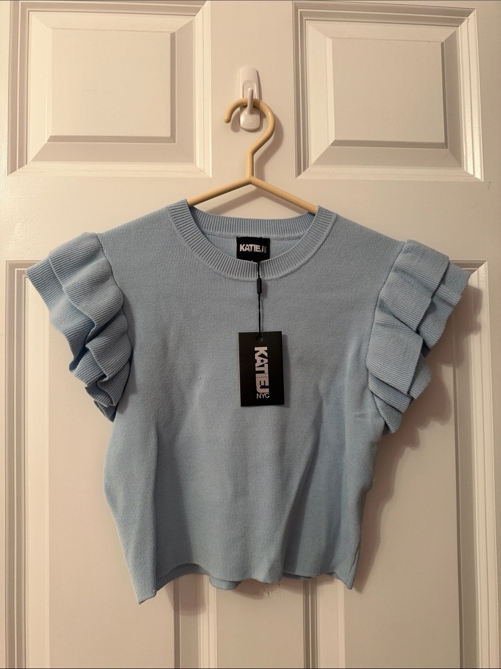 Katie J NYC Powder Blue Ruffle Sleeve Knit Crop Top